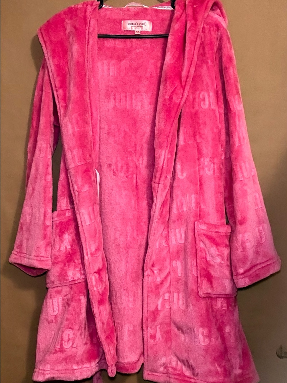 Pink Embossed Logo Fleece Hooded Plush Robe Belted Bathrobe